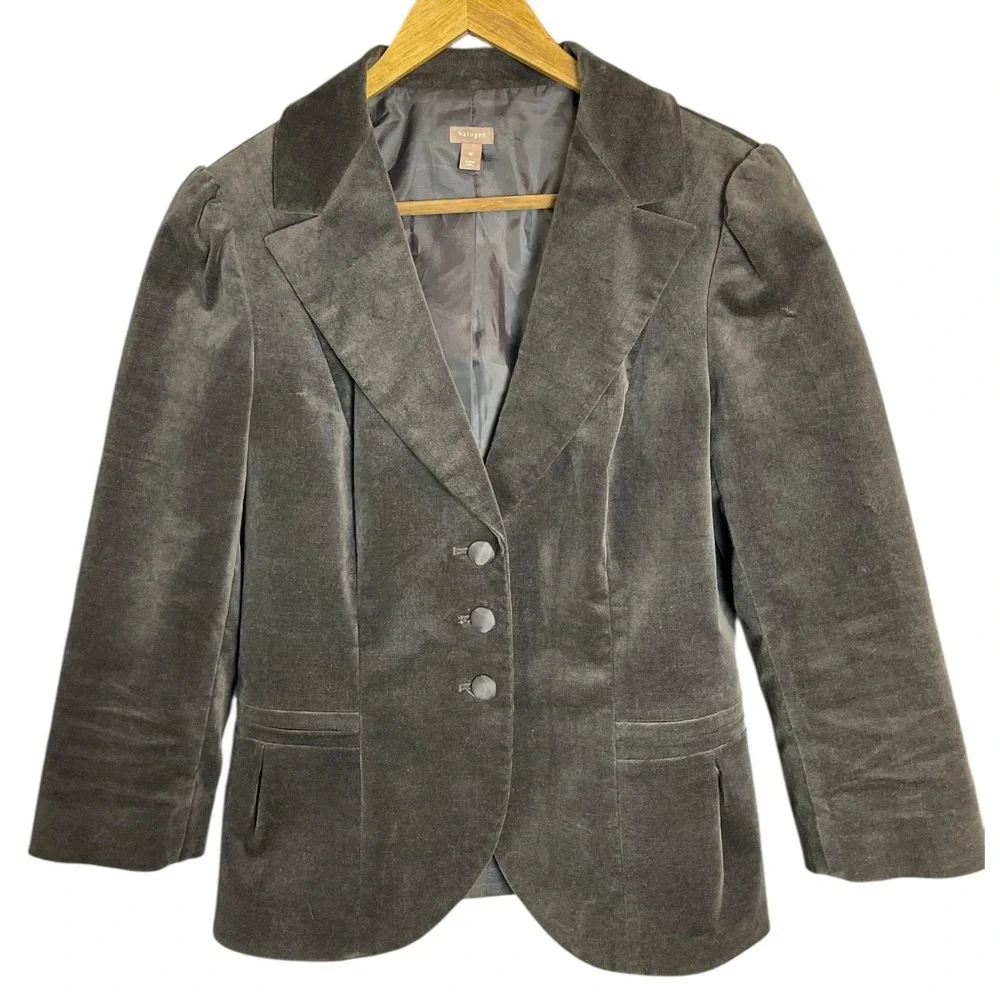 Halogen Gray Velvet Blazer Jacket Women's Size Medium Puffed Shoulders